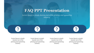 FAQ slide with header text, a semi-transparent business meeting background, and four aligned question icons above text boxes.
