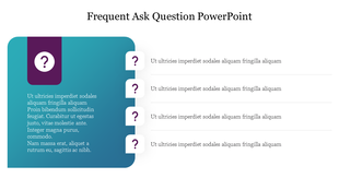 FAQ layout featuring a large left gradient box with text and five vertical question icons aligned with lines on the right.
