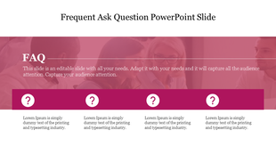 A modern FAQ PPT slide design with a professional background, question mark icons, and text placeholders for user input.