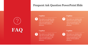 Red and orange FAQ layout featuring a vertical FAQ label and four editable text sections with question icons.