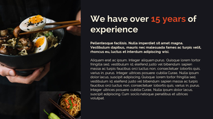 About Us PowerPoint template with an image of noodles and eggs, alongside a section describing 15 years of experience.