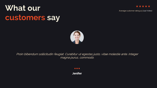 A testimonial slide featuring a quote from a satisfied customer, Jenifer, alongside her photo with a customer rating.