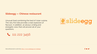 A Contact Us slide for Slideegg restaurant with a logo, contact information, and a description of the business.