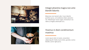 Coffee slide featuring two images of one working behind a counter and another holding a cup of cappuccino with latte art.