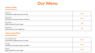 Slide showing a coffee price list in table format, separated into classic and flavored options with brief descriptions.