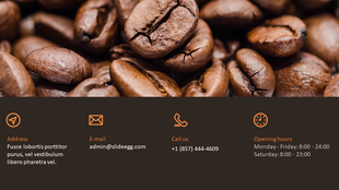 Slide featuring a close up image of roasted coffee beans with contact details displayed on a dark brown section below.