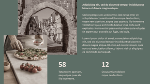 About us PPT slide featuring a collage of a pizza, tomatoes, and an old European town with statistics.