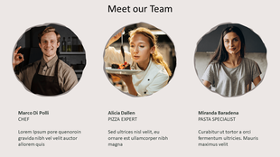 PowerPoint slide introducing a team with circular portraits and job titles for a chef, pizza expert, and pasta specialist.