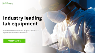 Laboratory themed slide with a scientist using a microscope, text on the left, and a green presentation button below.