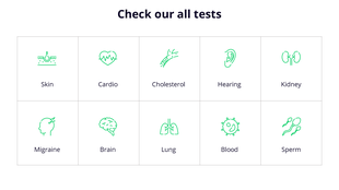 Medical slide with a grid layout featuring ten test categories, each represented by a green icon and black text labels.
