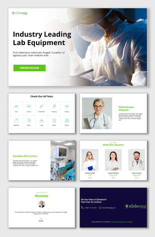 Lab equipment slide deck featuring medical professional with microscope, test categories, doctors, reviews, and contact info.