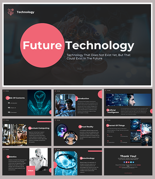 Dark themed technology slide deck with pink elements, showcasing advancements in AI, quantum computing, and robotics.