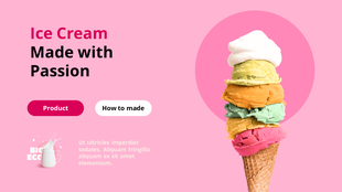 Stacked ice cream scoops in various flavors on a cone, set against pink background focusing on business plan.