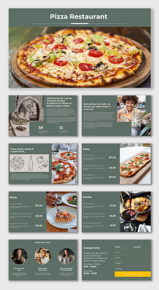 Slide deck pizza restaurant featuring menu sections for pizzas and drinks, team info, contact details, and booking options.
