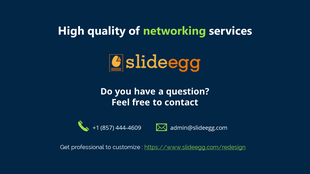 Contact slide with a dark blue theme, green highlights, an orange logo in the center, and a website link at the bottom.