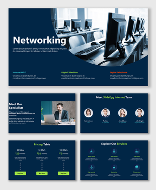 Networking slide deck featuring layouts for services, pricing table, and team introduction, in dark blue theme.