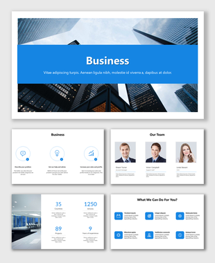 Blue and white business slide pack with modern layout, including intro, employee profiles, achievements, and offerings.