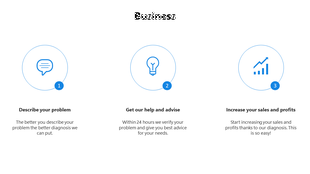 Clean white slide showing three circular icons and text explaining a business problem solving service in three steps.