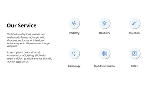 Healthcare slide with six blue icons in light circles representing services, aligned in two rows beside a text block.
