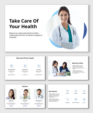 Healthcare slide deck including clinic introduction, doctor profiles, and services with clean white and blue visuals.