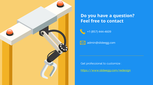 Robotics themed contact information slide with phone number, email, and a robotic arm icon on a yellow and blue backdrop.