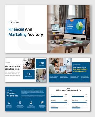 Marketing advisory slides featuring client stats, team images, service offerings, and bar graphs for skills and benefits.