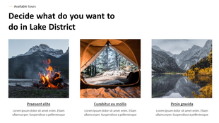 Three column layout on a white background showing an outdoor campfire, a forest tent view, and a lake with mountains.