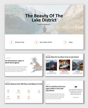 Travel presentation template showcasing the beauty of the Lake District with slides about choosing trips and buying tickets.
