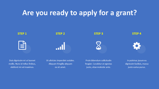 Blue slide with a centered title, four evenly spaced steps, each with a white icon, yellow text, and circular faded shapes.