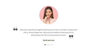 Client review slide featuring a photo of Sarah Penrose, a testimonial quote, and pagination dots for navigation.