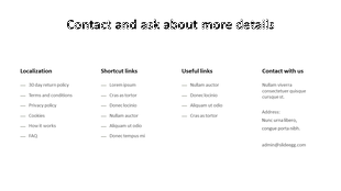 Contact page template with sections for localization, shortcut links, useful links, and contact details.