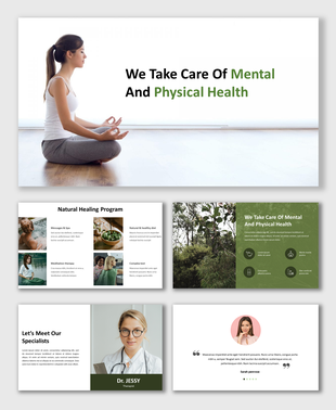 Clinic PowerPoint slides presenting mental and physical health services, featuring a yoga session and health program details.