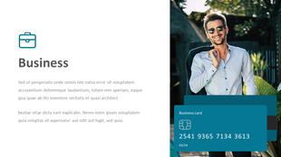 Slide with text and an image of a smiling man in a suit holding a jacket on the right with a teal business card below.