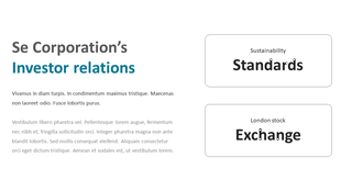 Corporate themed slide with left aligned text and two outlined rectangles on the right reading standards and exchange.