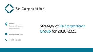 Slide with Se Corporation logo top left, contact info in teal icons, and black-teal title highlighting corporate strategy.