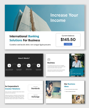 Corporate PowerPoint slides showcasing international banking solutions, business ideas, and investor relations.