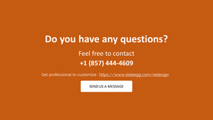 Inquiry slide on an orange background with contact details, hyperlink to SlideEgg, and a white rectangular button.