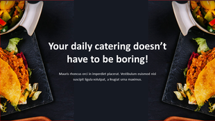 Catering sales plan slide featuring a vibrant food image with a bold message about exciting catering options.