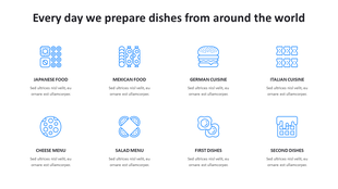 Slide showcasing eight blue food icons representing different world cuisines and menu items on a plain white background.