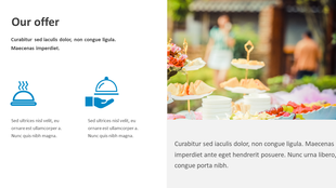 Two blue icons of covered food dishes on the left, with an outdoor buffet of fruit and appetizers on the right.