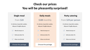 Pricing plans for catering services, including single meals, daily meal subscriptions, and party catering.