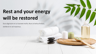 Slide with spa essentials including folded towels, black stones, candles, and a bottle of oil with text.