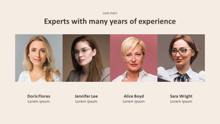Staff introduction slide with four professional portraits of women, each with a name and placeholder text below.