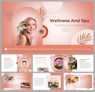 Elegant wellness and spa slides showcasing a serene aesthetic with images of spa treatments and a model relaxing.