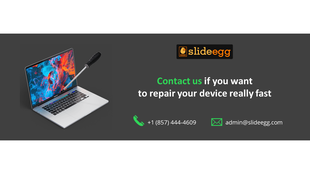 Contact slide with a laptop being repaired using a screwdriver, SlideEgg logo, and text offering with contact details.