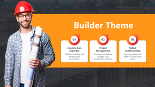 Builder slide with a smiling man in a red hard hat holding blueprints beside three boxes highlighting construction skills.