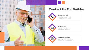 A contact slide for a builder with a man in a construction helmet, yellow vest, and glasses, holding a phone with details.