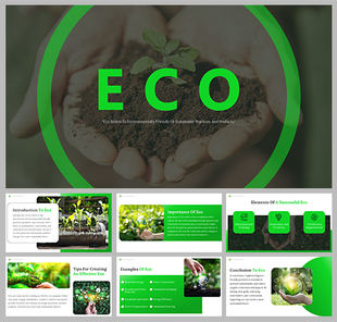 Slide deck featuring eco friendly visuals, including hands holding a sapling, green elements, and sustainability topics.
