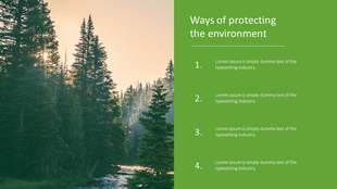 PowerPoint slide on environmental protection, featuring a serene forest background with a green section for text points.