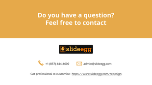 Contact information slide for SlideEgg with a logo, phone number, email, and a link to a professional redesign service.